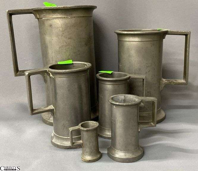 6pcs Pewter Measuring Tankards, They Are Stamped C L, Largest Liter image