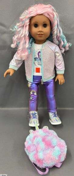 American Girl Doll, Pink and Blue Long Curly Hair, Glitter Jacket, Fluffy Unicorn Back Pack image