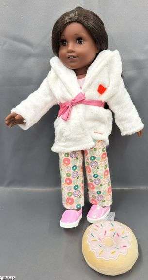American Girl Doll, Long Dark Hair, Fluffy Robe, Doughnut Print Pajama Pants, Pillow image