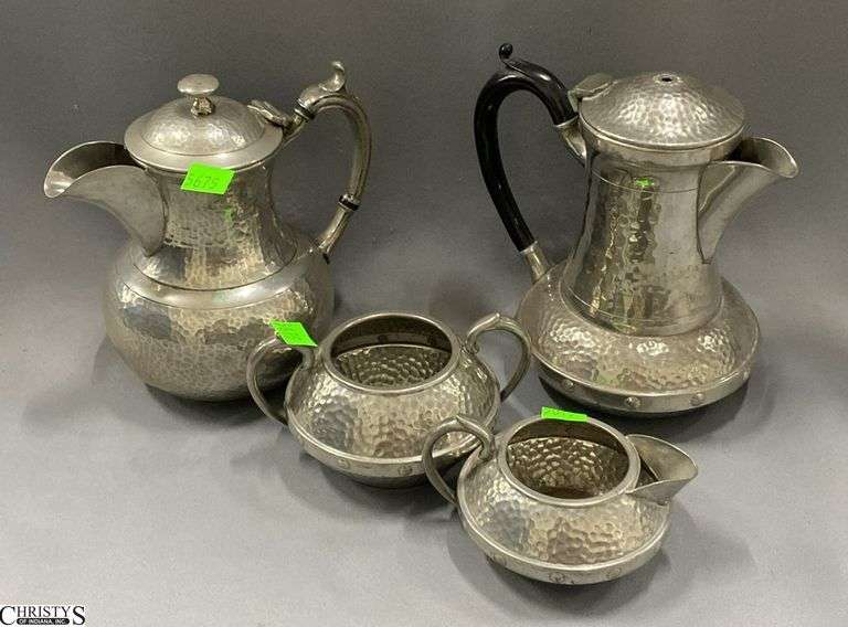 4pcs Hammered Pewter Coffee, Cream and Sugar Set of 3, Tallest 7" image