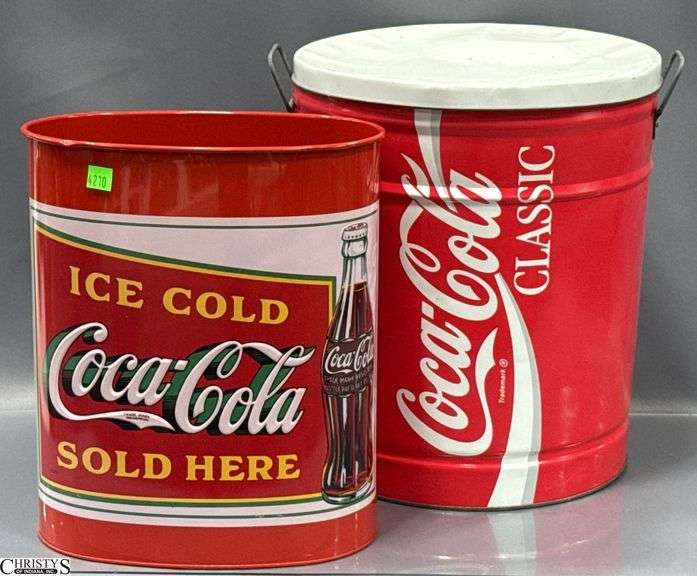 Coca Cola Metal Lidded Can and Trash Can - 14" of tallest image