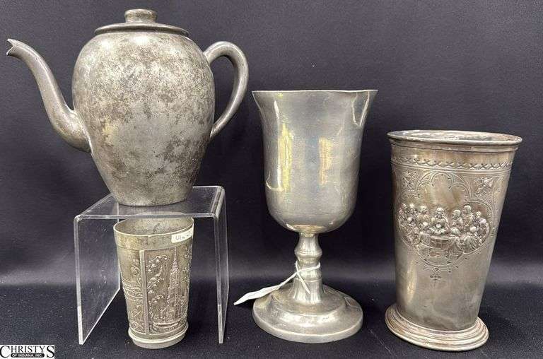 4pcs Pewter, Chalice, Cornwall Tea Pot, Last Supper Cup, All Marked Tallest 7.5" image