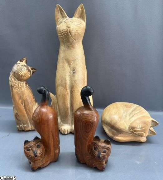 5pcs Wooden Cat Carved Sculptures Tallest 16" image