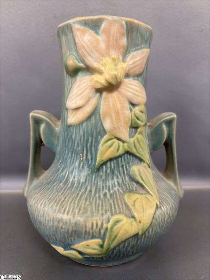 Roseville Double Handle Blue Clematis Vase 7.25"