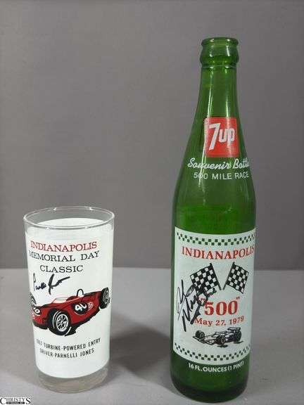 Indianapolis Memorial Day Classic 1967 Turbine-Powered Parnelli Jones Autographed Glass and a 7 UP Souvenir Bottle 500 Mile Race May 27, 1979 Autographed image