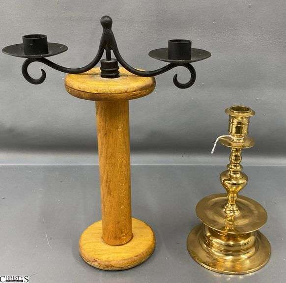 Wood Spool with Bottle Topper Candle Holder, Brass Candle Stick 12.5" image
