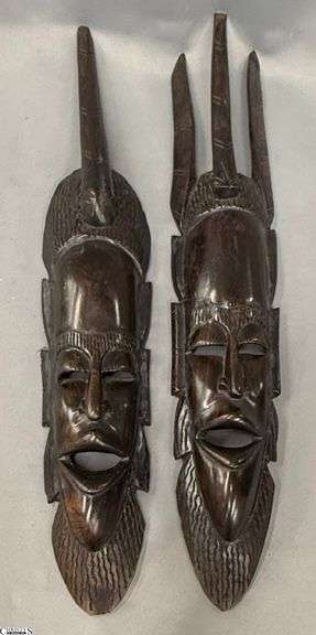 Pair of Carved African Mask Wall Hangings 20" image