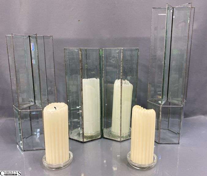 Beveled Glass Candle Holders, One is Damaged and Need Repaired One has Mirror Bottom Cracked Tallest 16" image