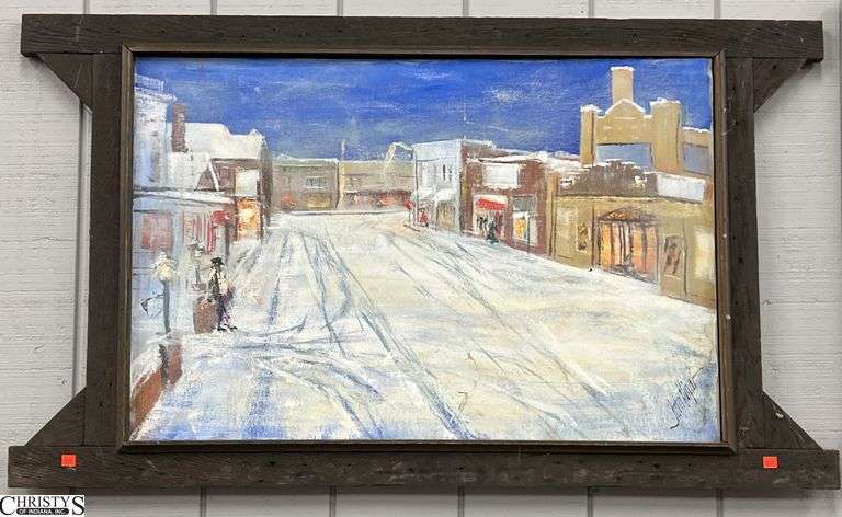 1970 John Higar Signed Talbott Village Street Snow Scene Oil on Canvas - 50" x 29" of frame image