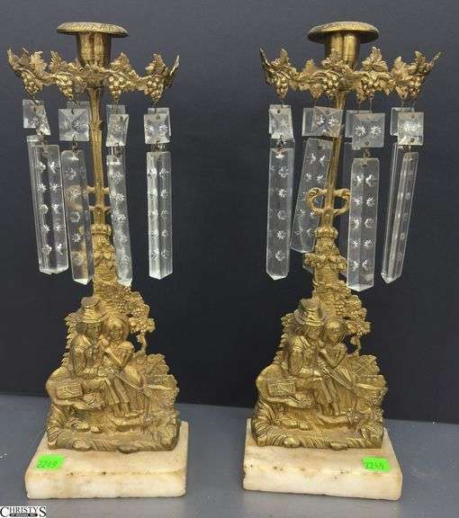 Pair Antique Gilt Brass Figural Motif Girandoles - 14.5" of each, missing some prisms image