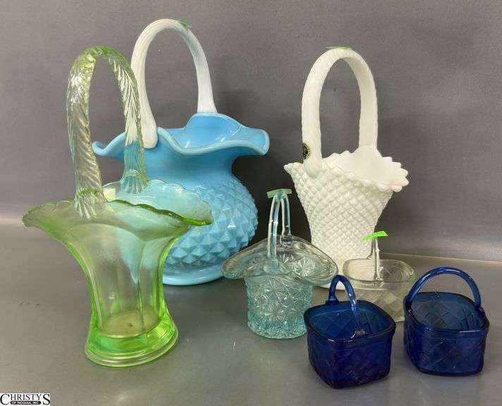 Green UV Reactive Depression Basket, Milk Glass, Blue and Tallest 10" image