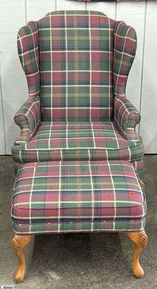 Flexsteel Upholstered Wingback Chair and Ottoman - 29" x 42" - 18" seat - shows wear image