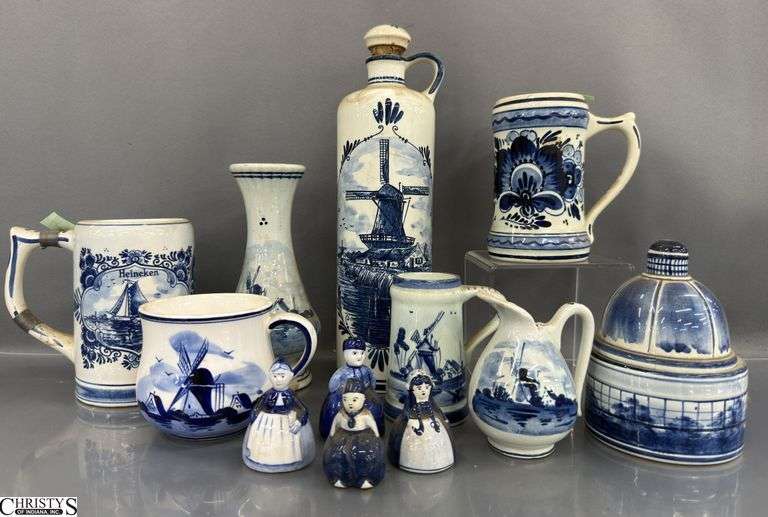 Blue and White Delft Bottle, Mugs, Vases, Misc - 11" of bottle image