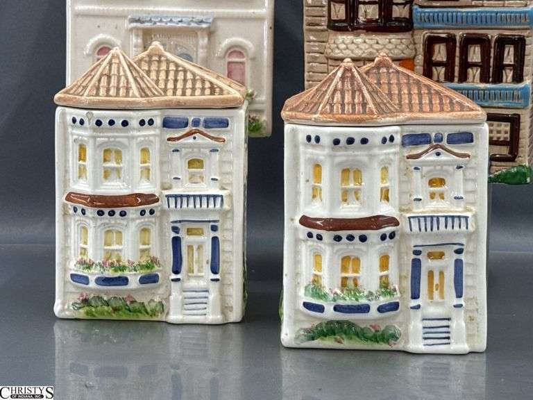 4 Ceramic Cottage Style Cookie Jars Tallest 9.5"