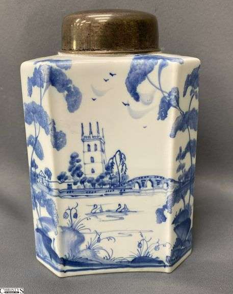 Oxford University Collection Hand Painted Porcelain Tea Caddy with Sterling Silver Lid 6" image