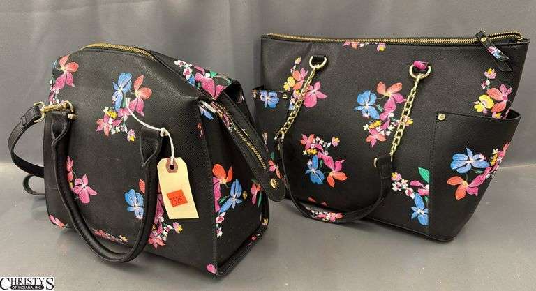 2 A NEW DAY, Black Floral Hand Bags 14.5"W 10"H 4.5" D image