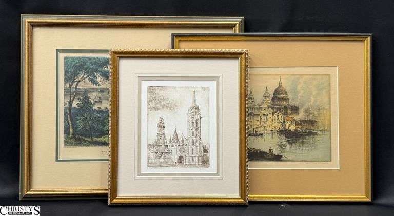 3pcs, Largest 16.5"x20", Framed Prints: Albany E. Howarth St. Paul's, John Heldan Budapest, and Currier & Ives The Narrows image