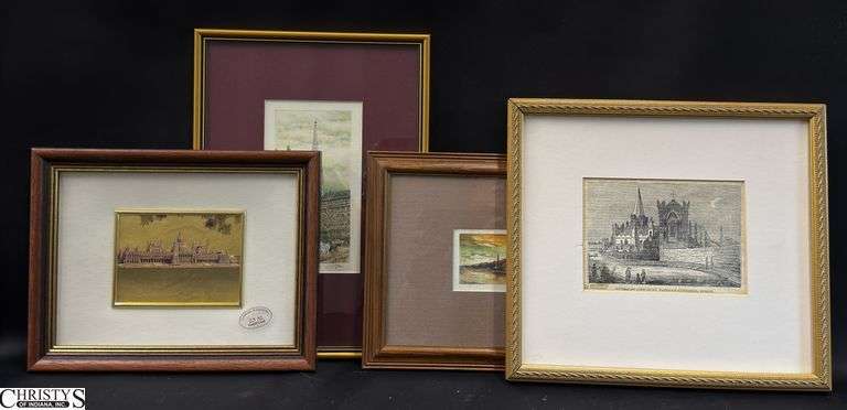 4pcs Framed Architectural Prints: St. Patrick's Cathedral Dublin, St. Stephen's Church Vienna, Faisal Mosque, and Budapest Parliament, Largest 9.25"x13" image