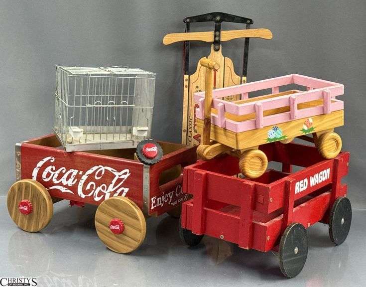 Doll Accessories, Pink Wagon, Red Racer Wooden Wagon, Enjoy Coke, and Classic Racer Sled, 13" Longest Wagon image
