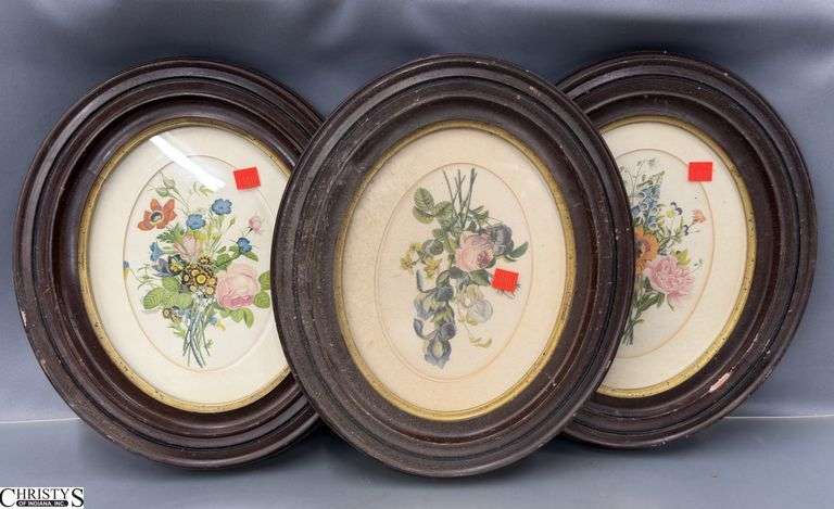 3 Oval Framed Floral Prints - 12" x 14" of each image