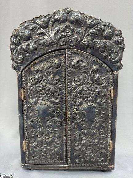 Marked "Sterling" on Bottom, Arte Pallani Lima Peru, 2 Door Shrine Measures 10" Wide 3.25" D 15" Tall image
