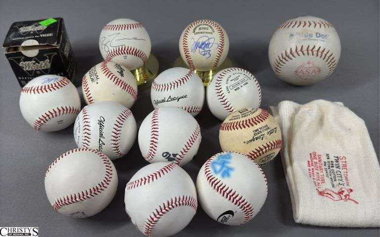 12 Signed Baseballs, 1 ASA Unsigned Softball, an Unsigned Wilson Baseball and a Stretchose Twin City's  Sanitary Tube Sock image