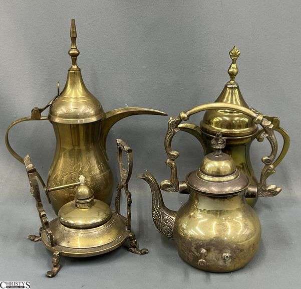 4pcs Brass Asian Influence Tea Pots and Stand, Tallest 11" image