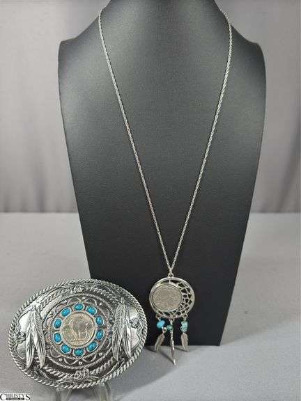 Buffalo Nickel Belt Buckle and Necklace with Turquoise Looking Stones.  Both have Certificate of Authenticity Included image