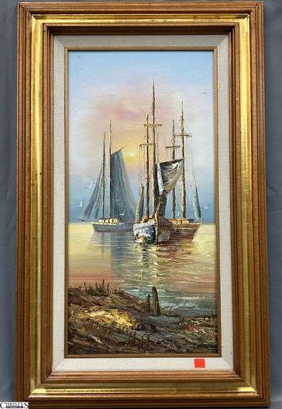 Signed Impasto Ships Oil on Canvas - 19" x 31" image