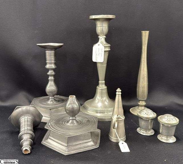Pewter Candle Sticks, Vase, Salt and Pepper, Snuffer, One Candle Stick is Broken, 9.5" image