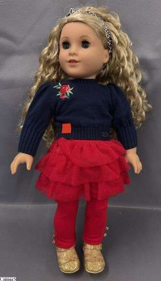 American Girl Doll, Curly Blonde Hair, Navy Sweater, Red Skirt and Leggings image