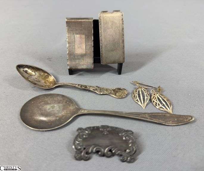 2 Sterling Money Clips, Sterling "Florida" Collector Spoon, and a Spoon Marked Holmes & Edwards image