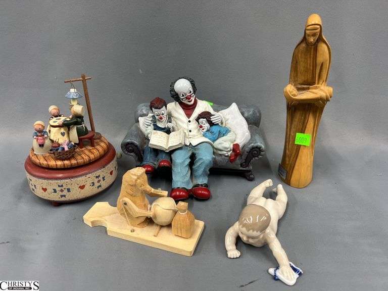 Sunu Bethlehem Carved Figure, German Music Box, Royal Copenhagen Crawling baby, Clowns On Sofa Damaged Book and Hand image