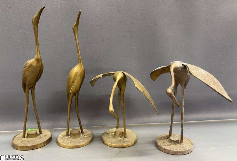 4 Brass Asian Influence Crane Figurines - 11.5" of tallest image