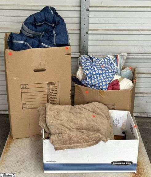 3 Boxes Pillows, Blankets, Comforter, Table Linens, Misc image