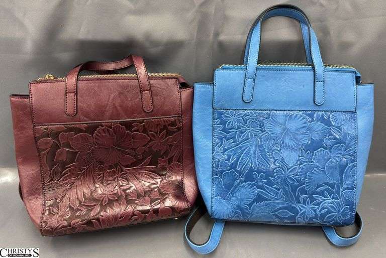 2 Mellow World Hibiscus and Floral Pattern 2 in 1 Totes, Maroon and Blue Colors, 13" Wide 12" Tall image