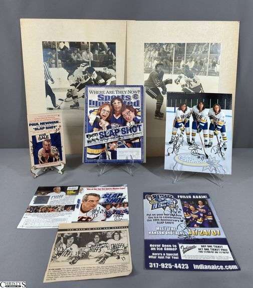 2 Mid-1970's Original Racers Hockey Photos Mounted on Cardboard and "Slap Shot" Memorabilia.  Includes a Hanson Brothers Autographed Photo, Autographed DVD Cover,  Sports Illustrated Slap Shot Autographed Magazine, "Slap Shot" The Book by Richard Woodley Autographed. image
