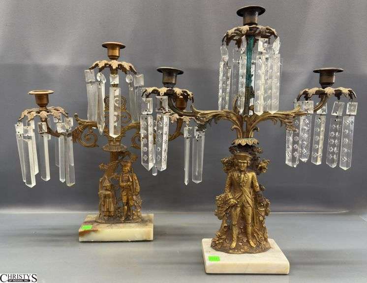 Two Antique Gilt Brass Figural Motif Girandoles - 18.5" of each, missing some prisms image