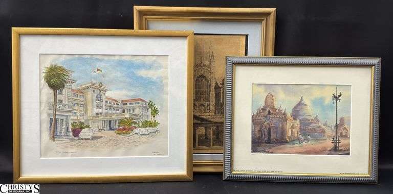 3pcs Framed Art Pieces Featuring Hotel Polana Maputo, Bath Abbey, and Myanmar Temples, Largest 17.25"x15.25" image