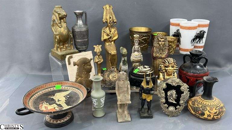 Egyptian and Grecian Motif Figurines, Glasses, Vases, Decor - 14" of tallest image