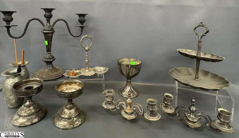 Assorted Silverplate Candle Holders, Cups, Tid Bit Tray - 11" of tallest image
