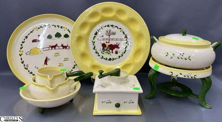 Brock California  "Farmhouse" Chafing Dish, Egg Plates, Coffee Grinder Storage Dish, 7pcs - Some chipping - 13" of egg plate image