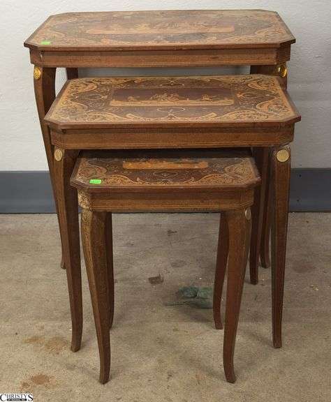 Trio French Style Inlaid Marquetry Nesting Tables - 25.5" x 18" x 25" of largest table - some finish wear, discoloration image