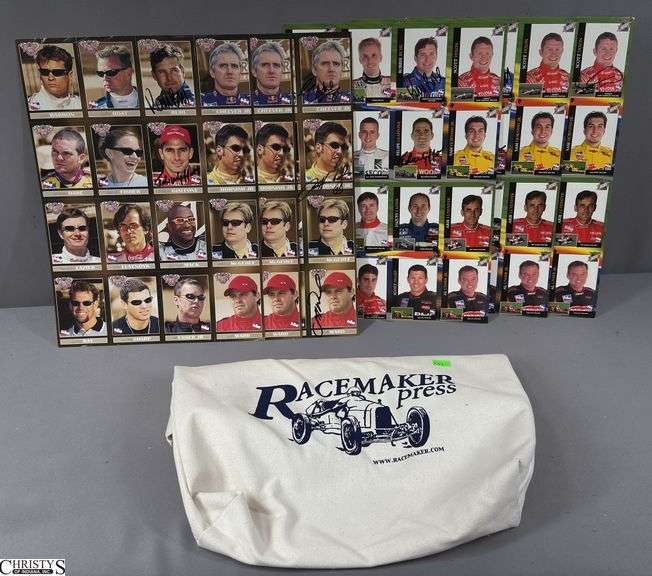 6 Uncut Sheets of Indianapolis 500 Trading Cards in a Racemaker Press Canvas Tote.  Some Cards are Autographed.  Michael Andretti, Kenny Brack, Robbie Buhl, Scott Dixon, Felipe Giaffone, Buddy Lazier, Tomas Scheckter, Eddie Chever Jr., Jeff Ward, Sam Hornish Jr.