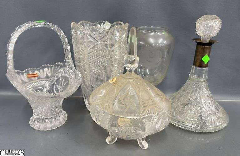 Crystal Lidded Dish, Basket, Footed Vase, Decanter, Some Wear 10" image