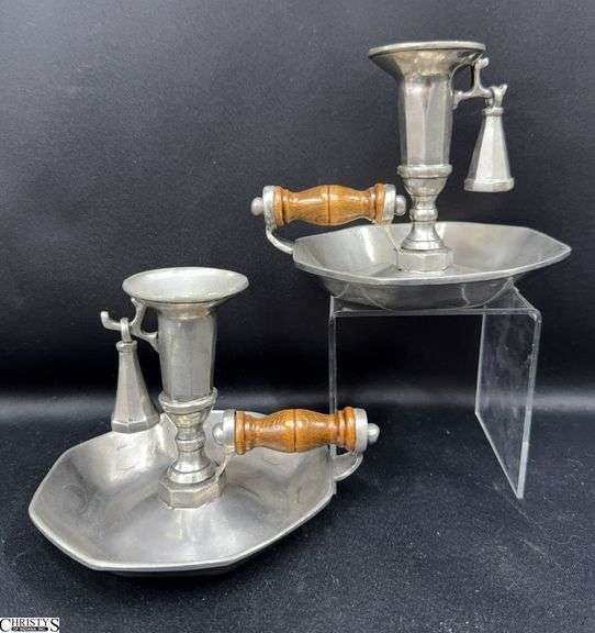 Pair of Pewter With Wood Handle Chambersticks, With Hanging Snuffers 6"x5" Tall image