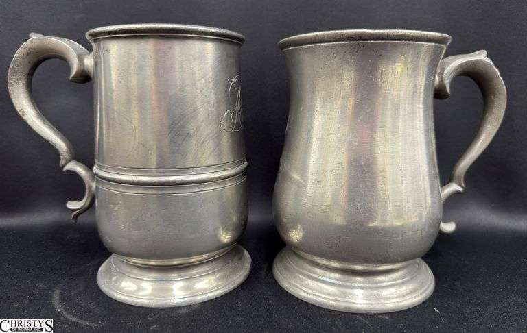 2 Quart Size Pewter Tankards, Stamped and Engraved image