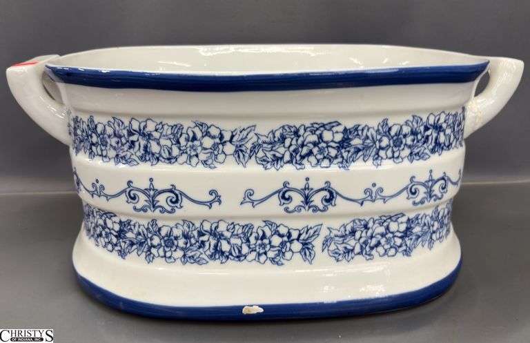 Blue and White Decorative Foot Bath - 19" x 12" x 8" - shows repaired damage image