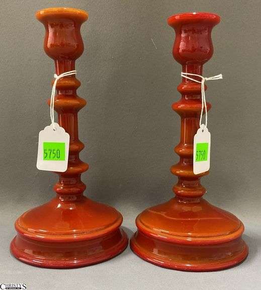 Red Slag Glass Style Candle Sticks 8.5" image