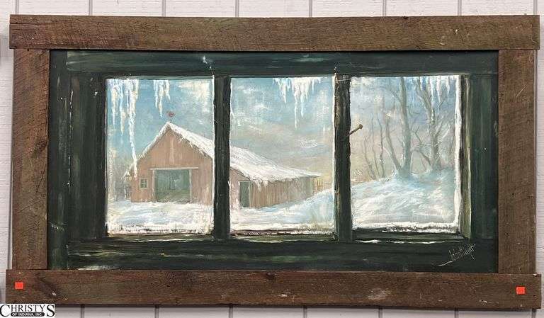 John Higar Large Signed Winter Barn Scene Oil on Board - 56" x 30,5" image